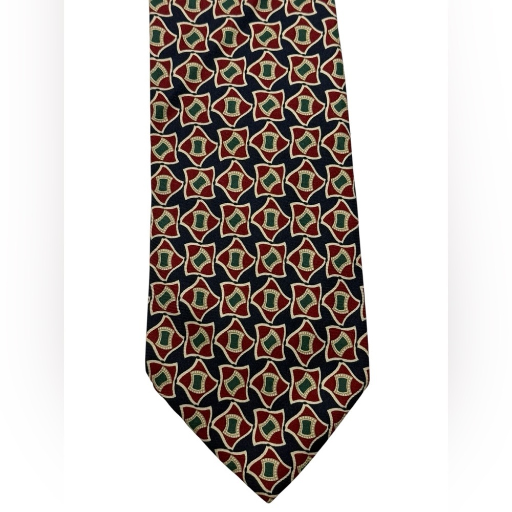 Brooks Brothers Silk Tie Geometric Medallion Navy Red 58x3.25